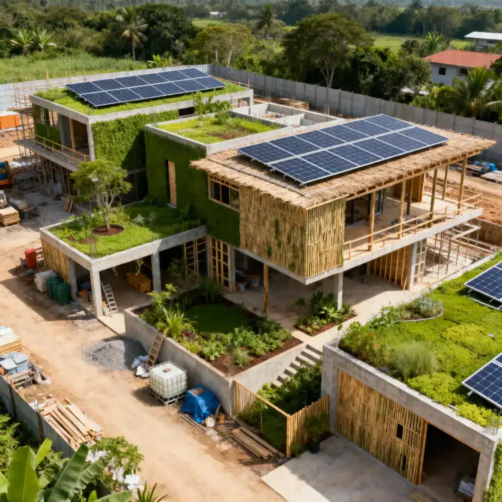 A modern sustainable construction site featuring eco-friendly building practices