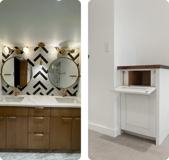 Modern-bathroom-vanity-with-herringbone-tile-gold-mirrors-brass-fixtures-and-custom-storage Modern bathroom vanity with herringbone tile, gold mirrors, brass fixtures, and custom storage