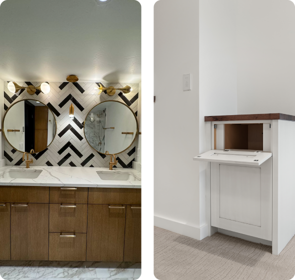 Modern bathroom vanity with herringbone tile, gold mirrors, brass fixtures, and custom storage